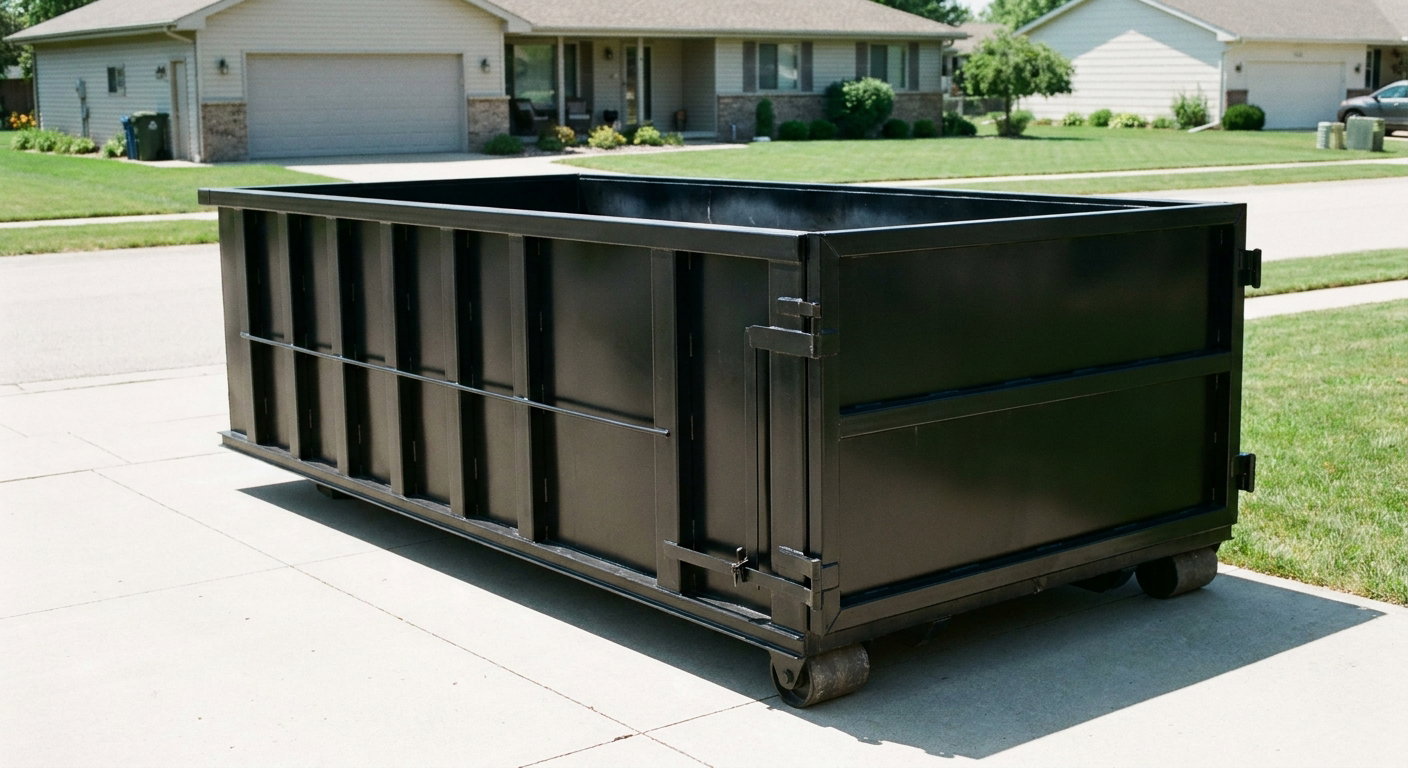 Matte-black 10-yard roll-off dumpster on a residential concrete driveway in Buckeye, uniformly painted matte black across every panel and rail, ribbed steel sidewalls and rear swing door visible, mid-day daylight.