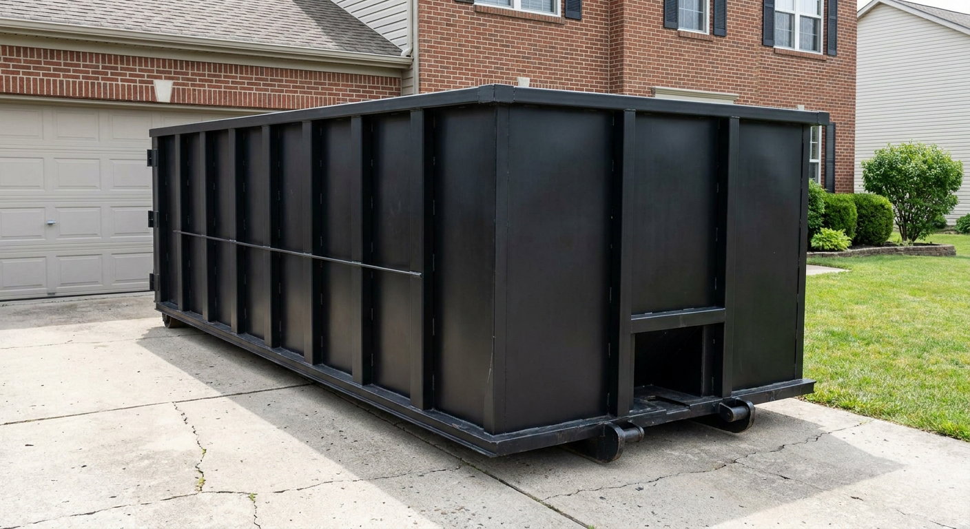 Matte-black 20-yard roll-off container on a Buckeye residential concrete driveway with reinforced ribbed steel sidewalls and a hinged rear walk-in door, clean bright daylight.
