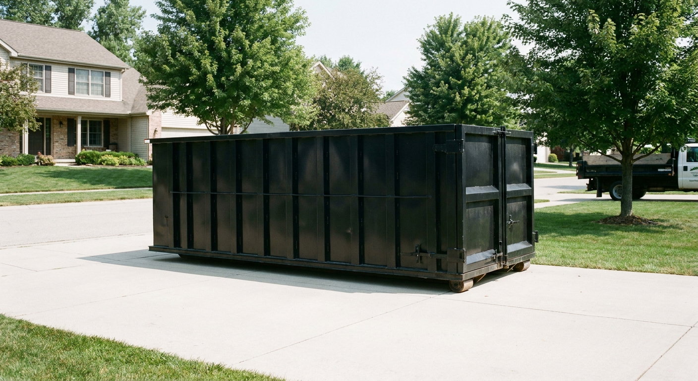 Matte-black 20-yard roll-off dumpster sitting level on a clean Buckeye residential concrete driveway under bright daylight, demonstrating clean placement directly on the concrete.