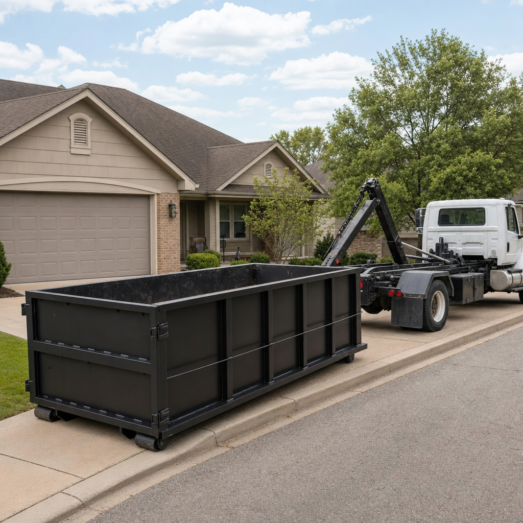 Wide documentary shot of a matte-black roll-off dumpster on a Buckeye residential driveway in the foreground and a contractor jobsite container in the soft-focus background, bright daylight, calm and orderly composition.